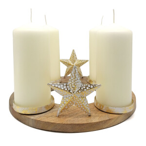 Kerzenhalter Advent  rund, Sterne, Holz+gold - 33cm -...