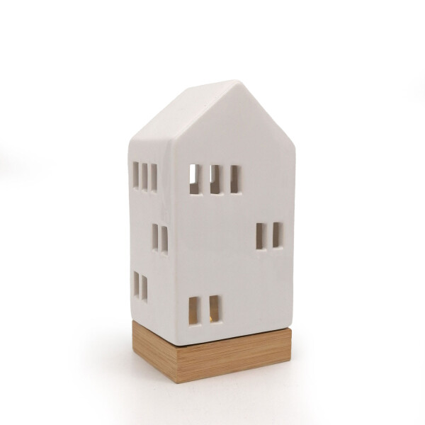 Weisses Haus mit Bambusständer, für ein Teelicht 18,5 cm