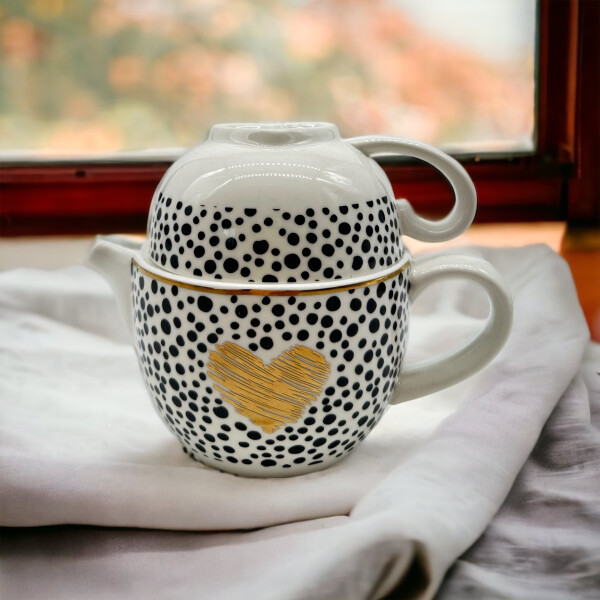 Teekanne,Tasse mit Golddruck Herz gestrichelt