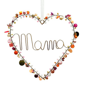Perlenherz 17x17cm, Schriftzug "Mama", rosa/orange