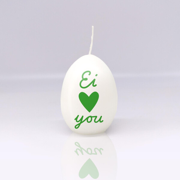 Ei-Kerze, weiß/grün, "Ei Love You" klein 6 x 4,5 cm