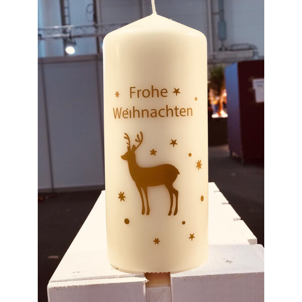 Flamme, Gold, Frohe Weihnachten Hirsch, Stumpenkerze groß 18,5 x 7,8 cm
